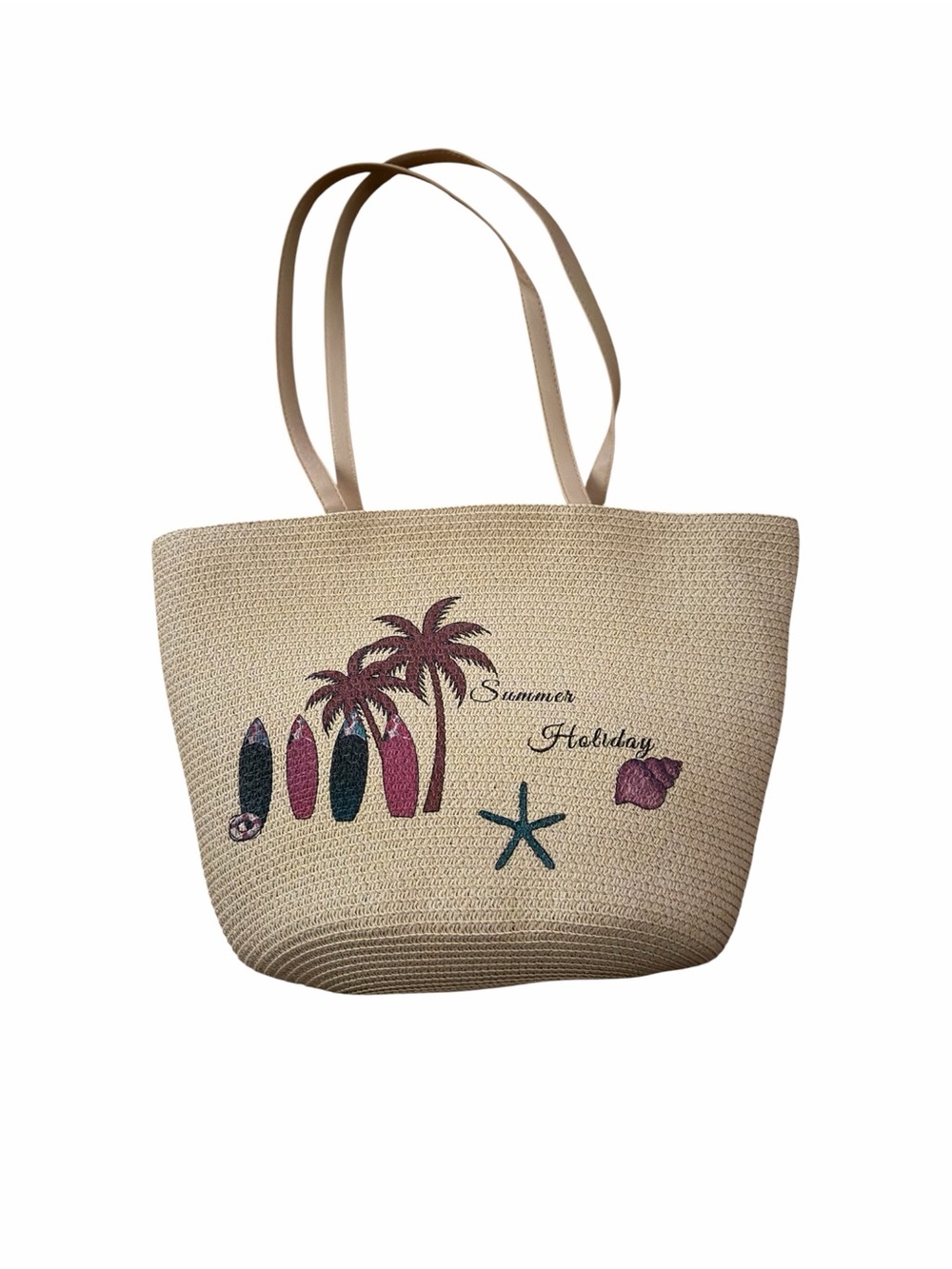 Summer Holiday Woven Straw Hat and Tote Set - Beige, Mauve & Green Accents NWOT - Picture 2 of 4